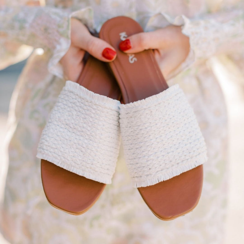 Crete Frayed Upper Slip On Sandal - White
